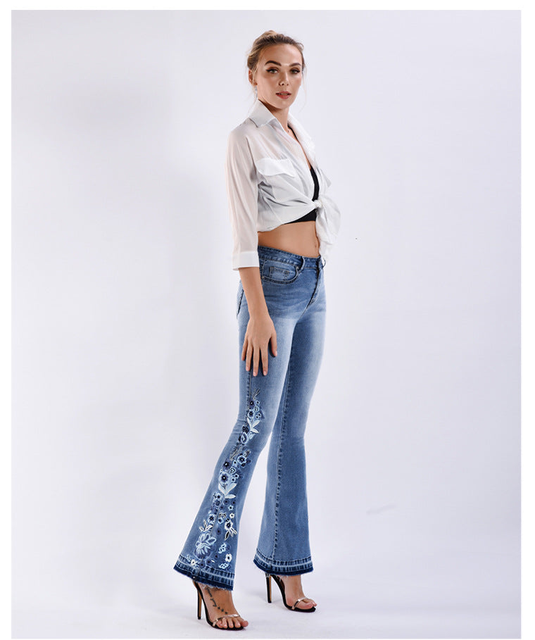 Women Denim Bell-Bottom Pants 3D Machine Embroidery Denim Women Autumn Denim Wide Leg Trousers Plus size (7525024563288)