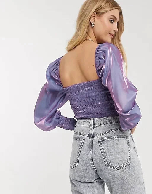 Puff Sleeves Square Collar Silk Satin Organza Shirt Blouse (7518696276056)