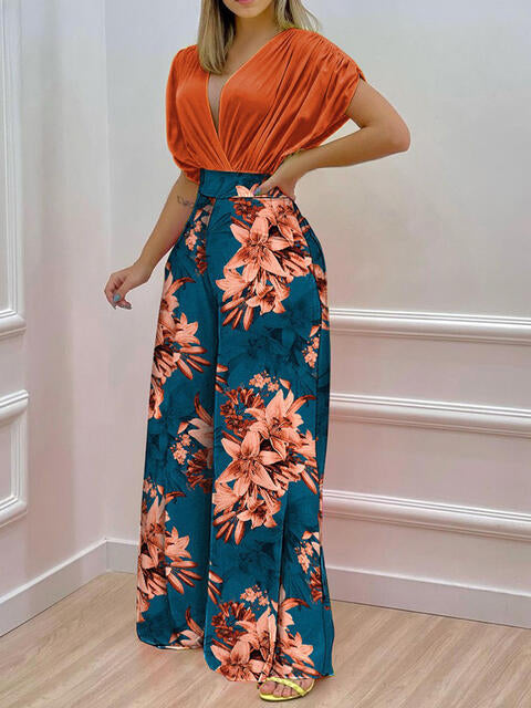 Printed Surplice Top & Wide Leg Pants Set (7484243705944)