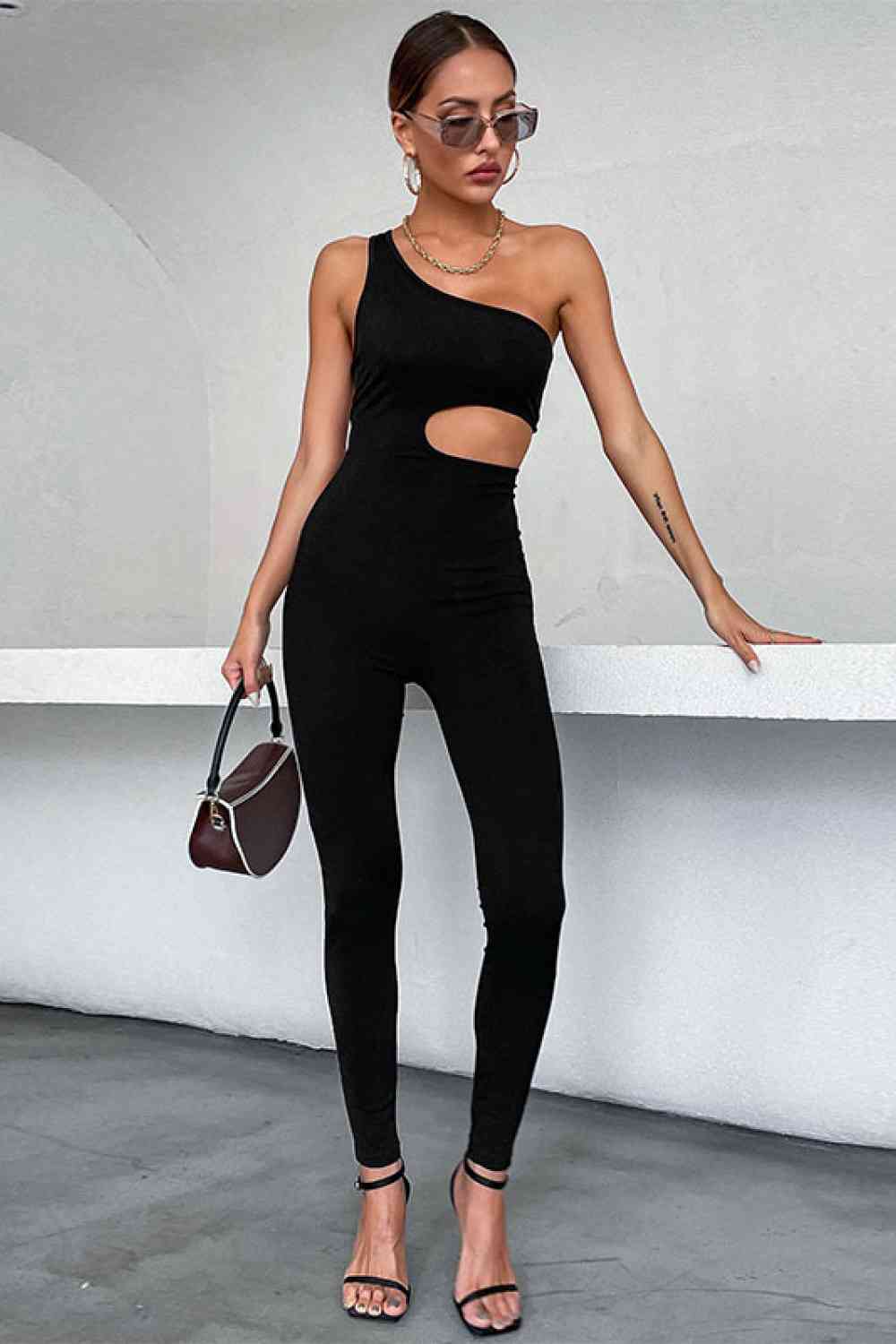 One-Shoulder Cut-Out Romper Jumpsuit (7484721954904)