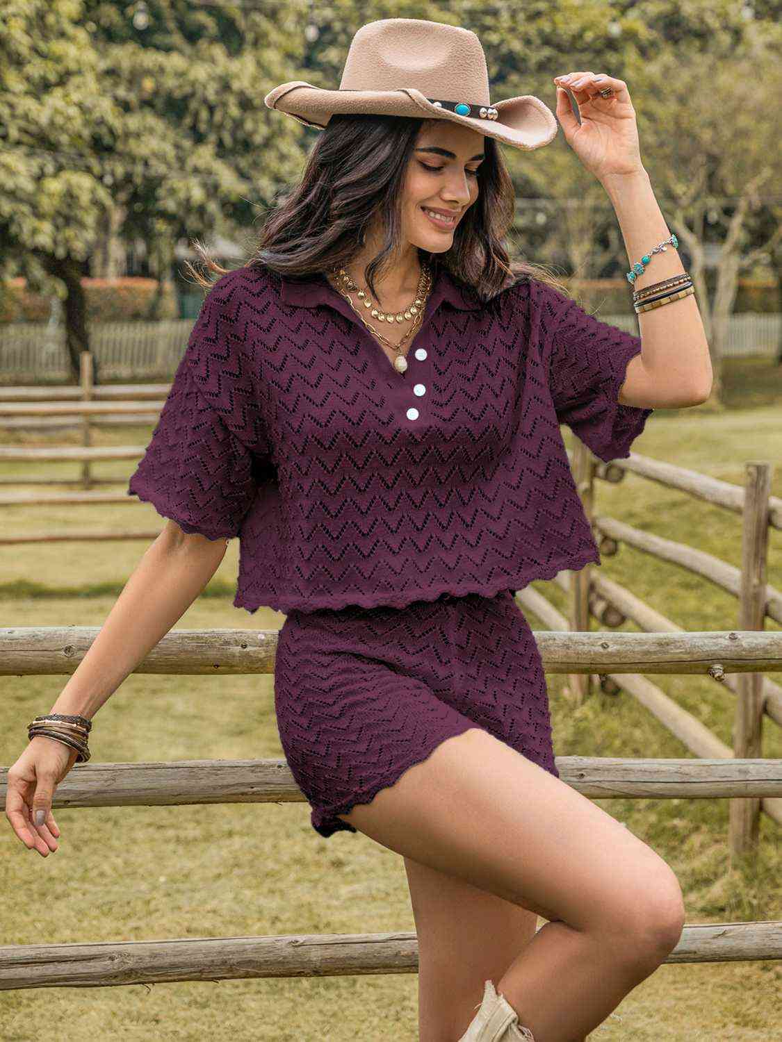 Eyelet - Collared Neck Short Sleeve Top and Shorts Set (7484220899416)