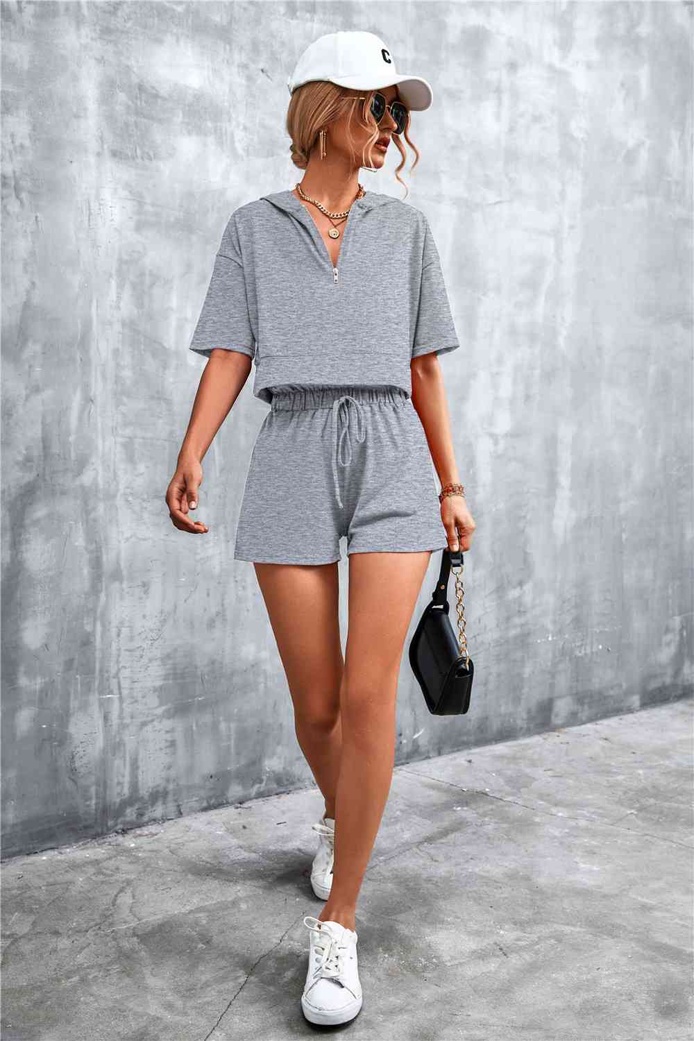 Half-Zip - Cropped Hooded T-Shirt and Shorts Set (7501483180120)