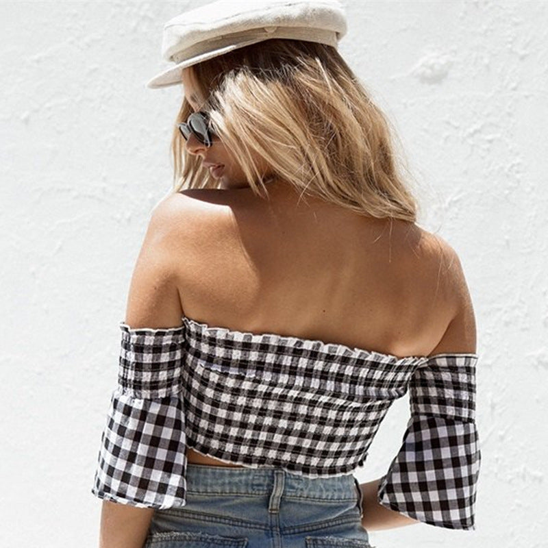 Off-Shoulder White-Black Square Plaid Tube Top (7518484070488)