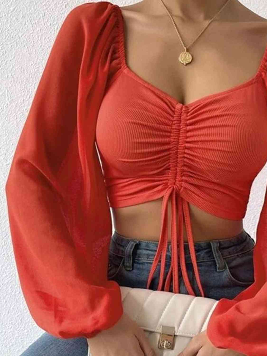 Ruched Blouse - Drawstring Sweetheart Neck Cropped Top (7501318914136)