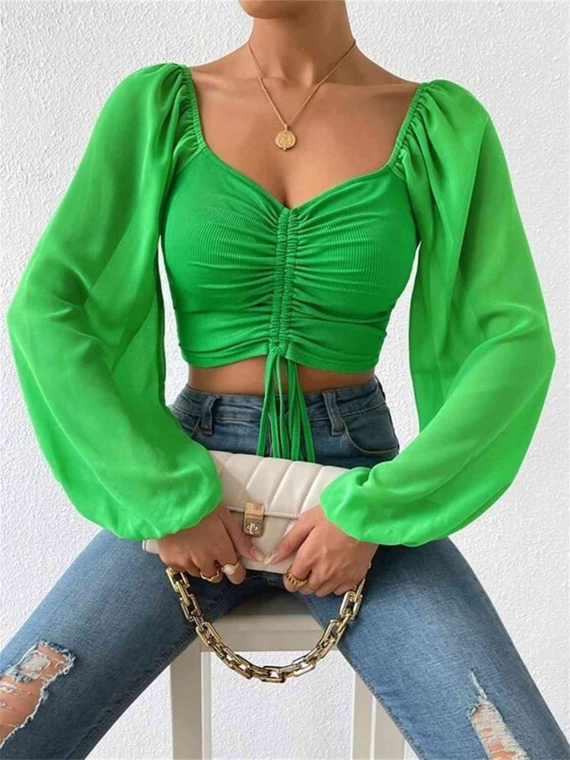 Ruched Blouse - Drawstring Sweetheart Neck Cropped Top (7501318914136)