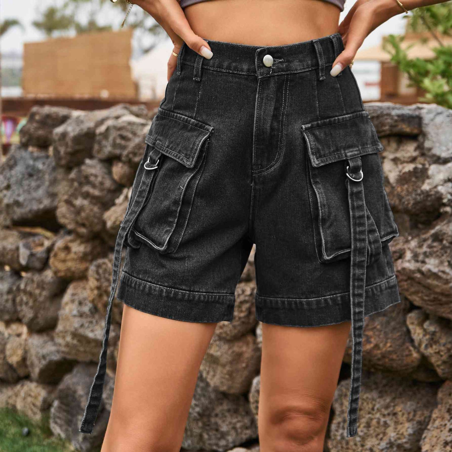 Cargo Denim - High-Waist Denim Cargo Shorts (7500850200664)