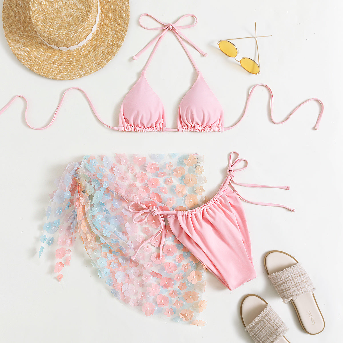 Mesh Floral Skirt Set Bikini - Three-Piece Lace-Up (7516588507224)