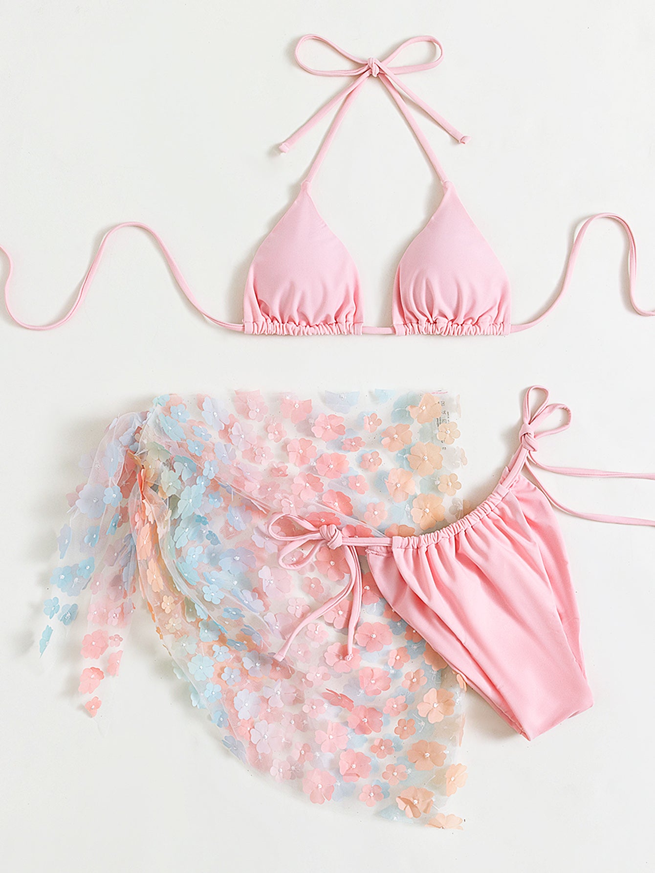 Mesh Floral Skirt Set Bikini - Three-Piece Lace-Up (7516588507224)
