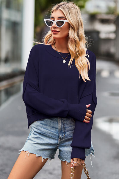 Round Neck Drop Shoulder - Long Sleeves Sweater (7501413023832)