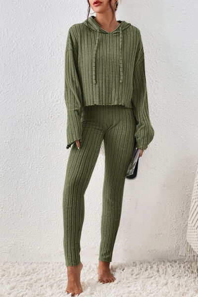 Hem Dropped Shoulder - Hooded Top & Pants Set (7515482652760)