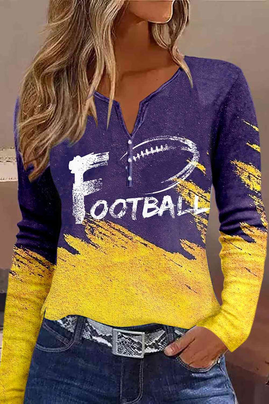 FOOTBALL Graphic Notched Neck Long Sleeve T-Shirt (7501330514008)
