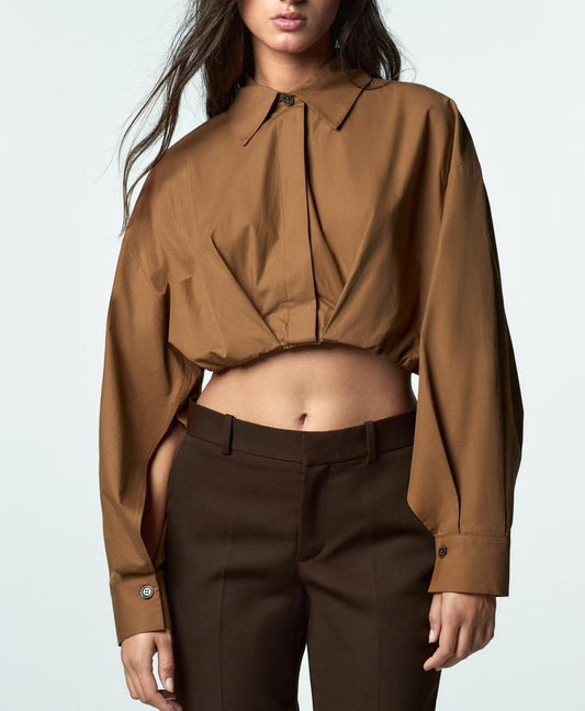Khaki - Short-Collar Waist-Tight Blouse (7519155683416)