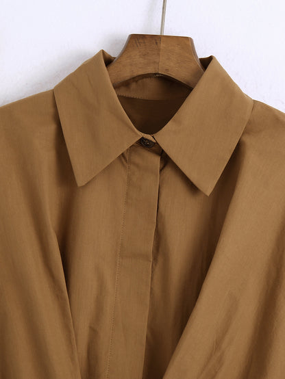 Khaki - Short-Collar Waist-Tight Blouse (7519155683416)