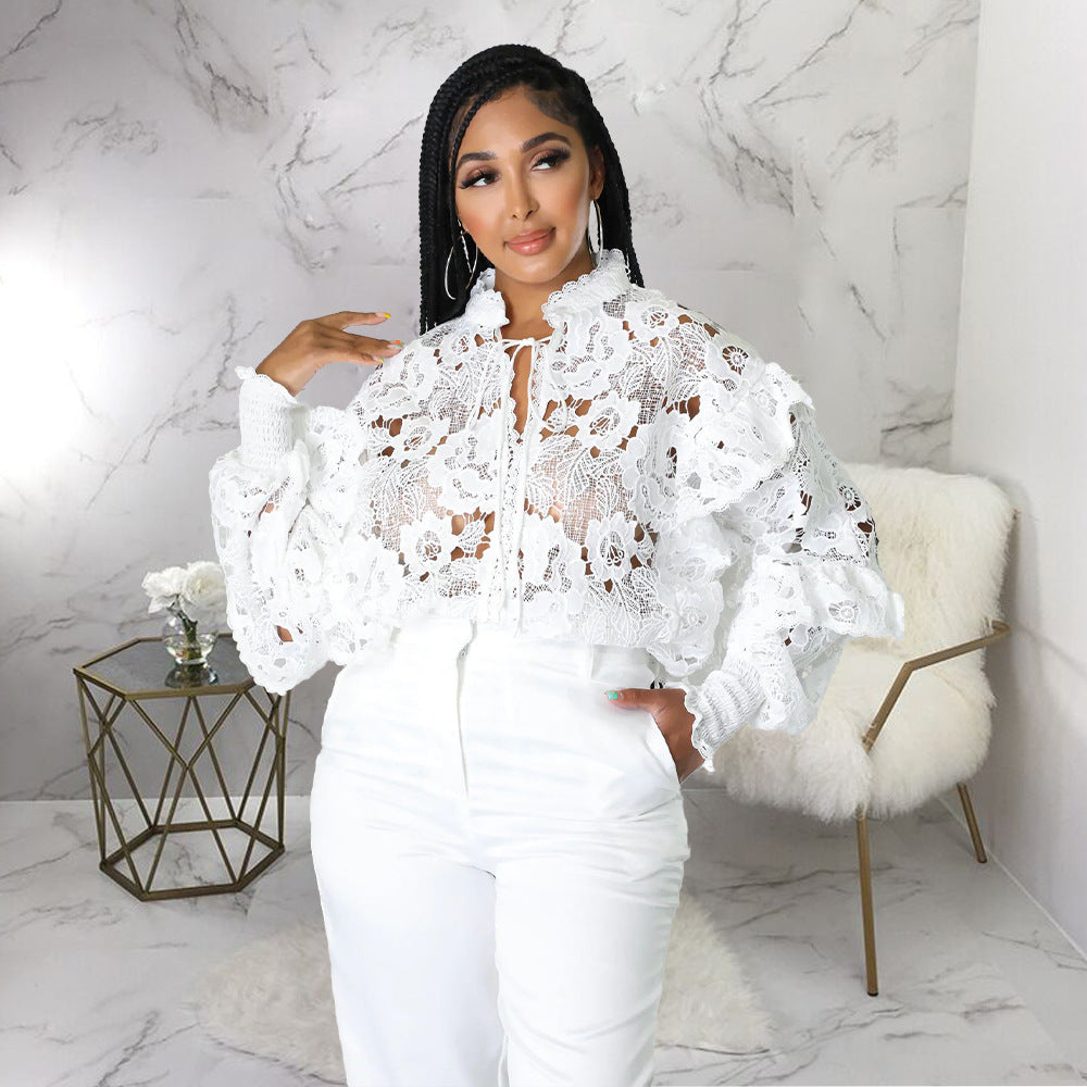 Lace A Lot - Hollow Out Cut-Out Flounce Lace-Up Cardigan Lantern Sleeves Blouse (7518653349976)