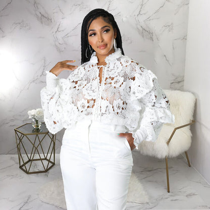 Lace A Lot - Hollow Out Cut-Out Flounce Lace-Up Cardigan Lantern Sleeves Blouse (7518653349976)