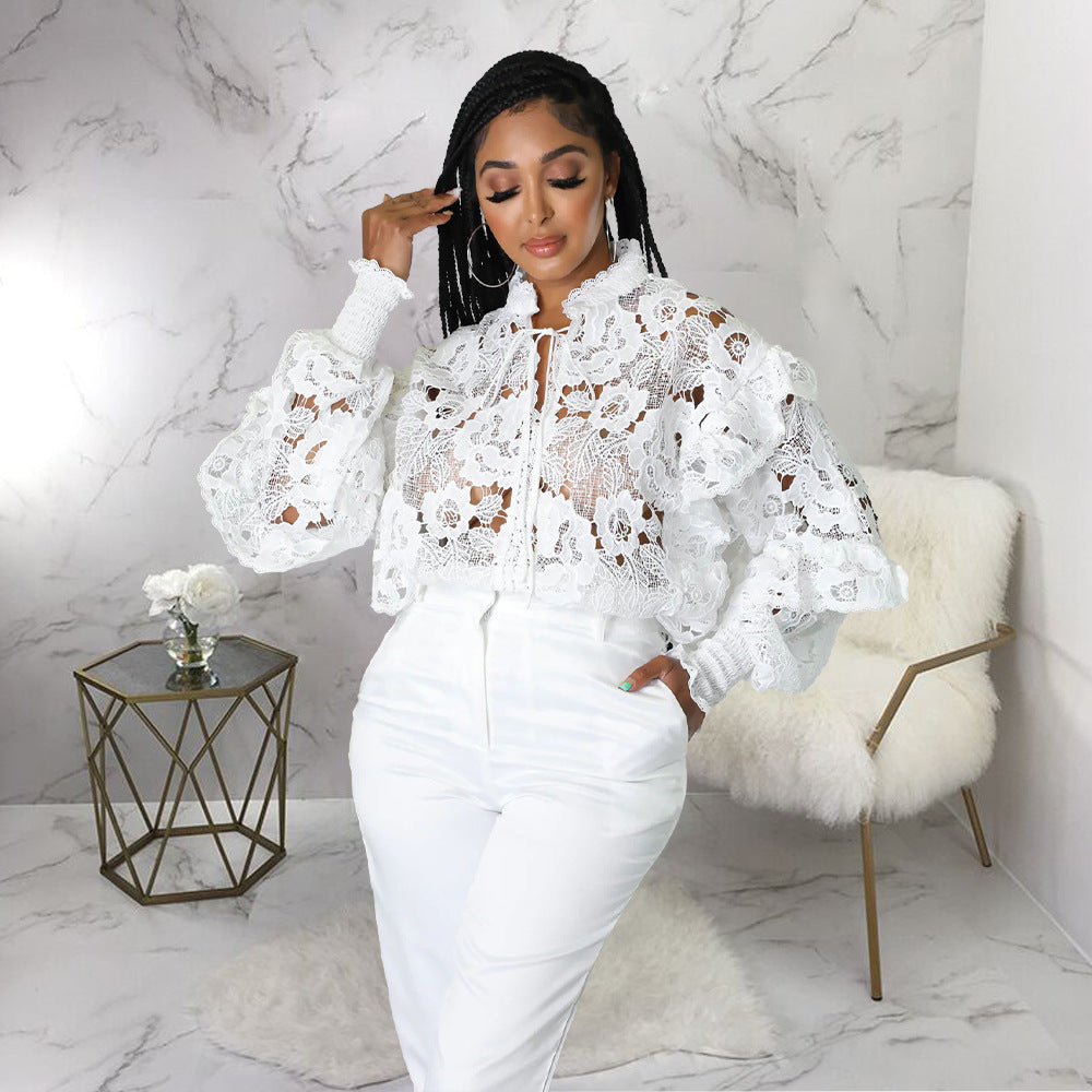 Lace A Lot - Hollow Out Cut-Out Flounce Lace-Up Cardigan Lantern Sleeves Blouse (7518653349976)