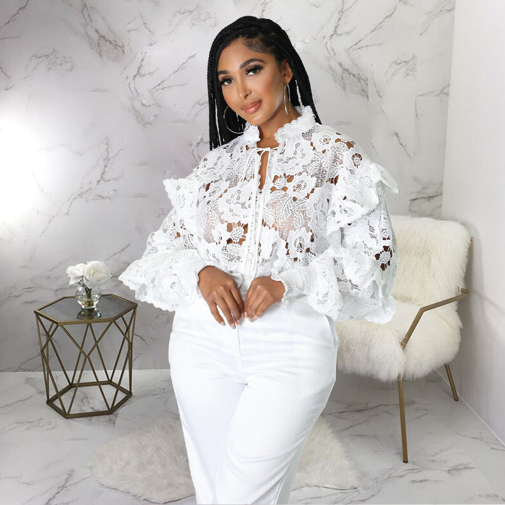 Lace A Lot - Hollow Out Cut-Out Flounce Lace-Up Cardigan Lantern Sleeves Blouse (7518653349976)