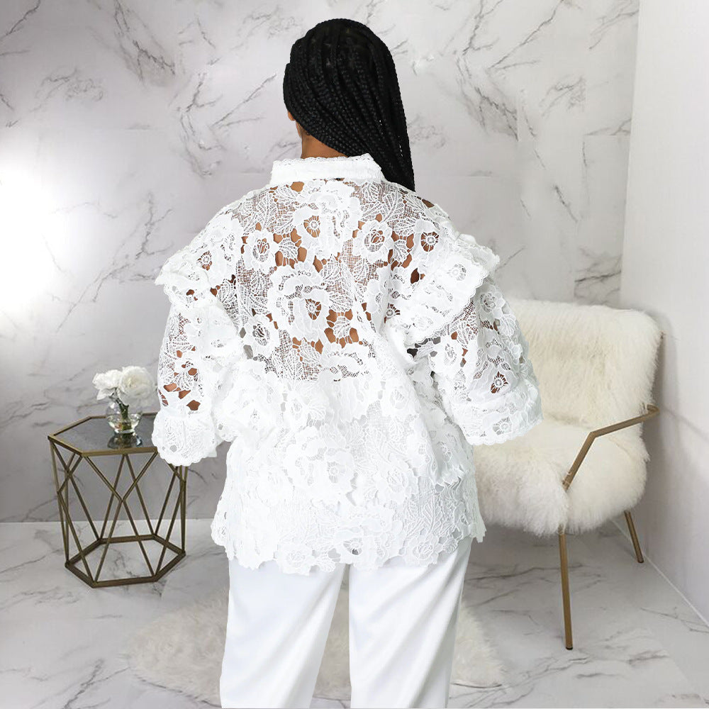 Lace A Lot - Hollow Out Cut-Out Flounce Lace-Up Cardigan Lantern Sleeves Blouse (7518653349976)