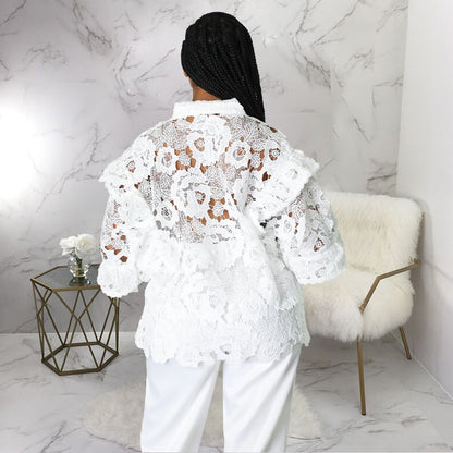 Lace A Lot - Hollow Out Cut-Out Flounce Lace-Up Cardigan Lantern Sleeves Blouse (7518653349976)