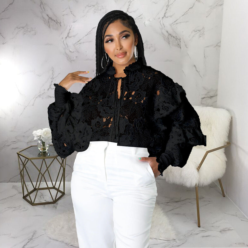 Lace A Lot - Hollow Out Cut-Out Flounce Lace-Up Cardigan Lantern Sleeves Blouse (7518653349976)
