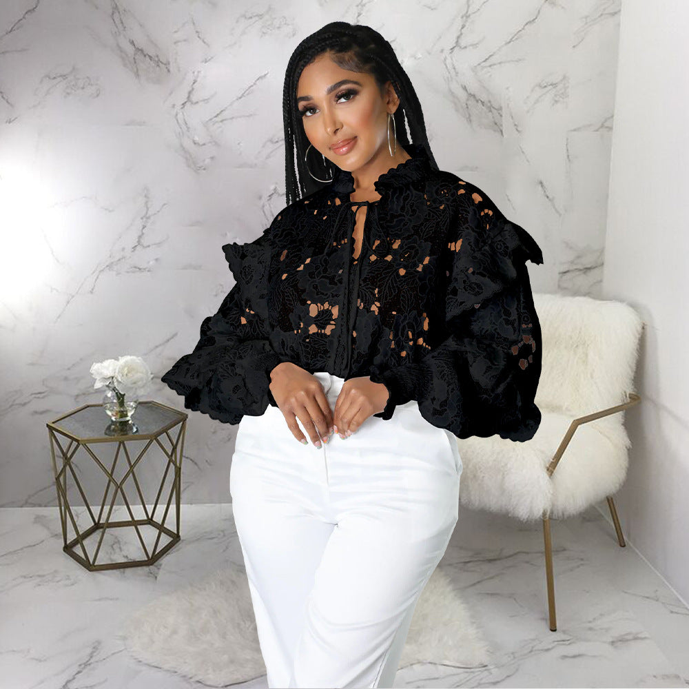Lace A Lot - Hollow Out Cut-Out Flounce Lace-Up Cardigan Lantern Sleeves Blouse (7518653349976)