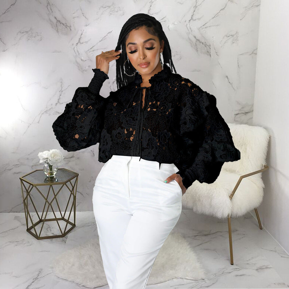 Lace A Lot - Hollow Out Cut-Out Flounce Lace-Up Cardigan Lantern Sleeves Blouse (7518653349976)