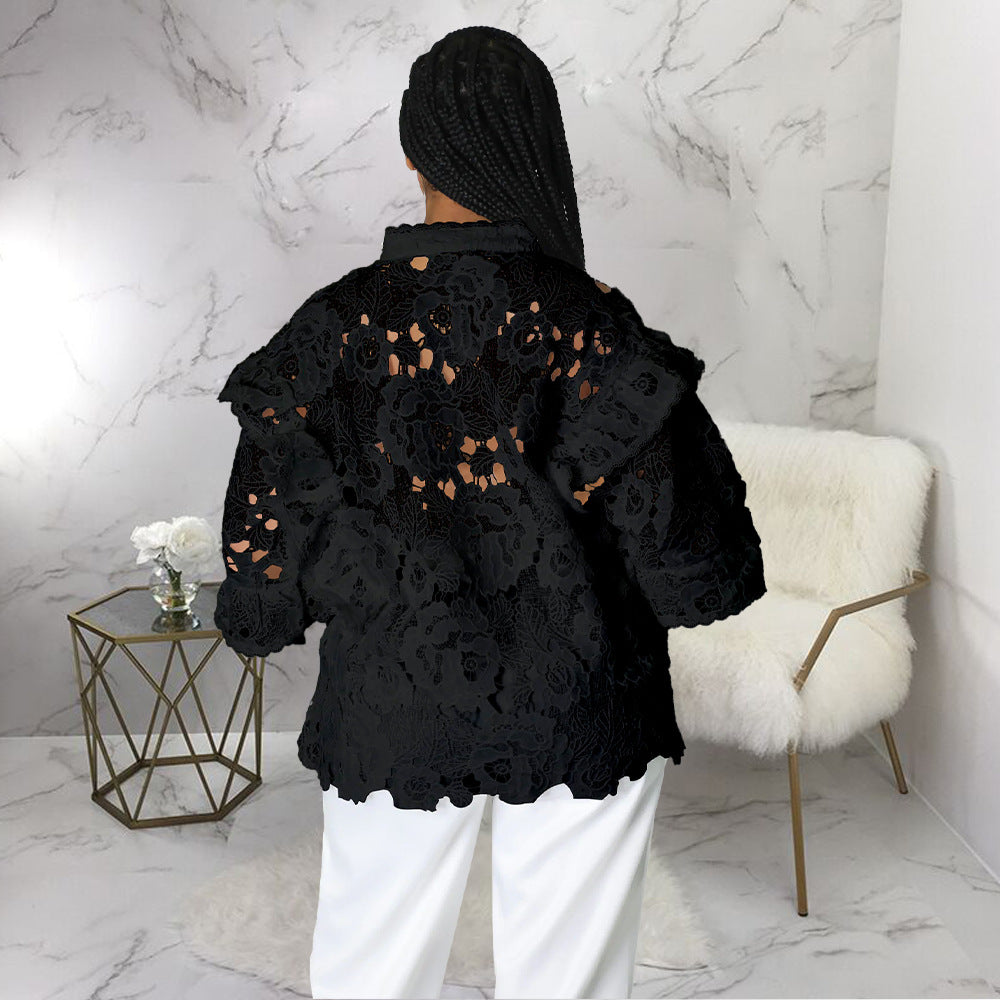 Lace A Lot - Hollow Out Cut-Out Flounce Lace-Up Cardigan Lantern Sleeves Blouse (7518653349976)