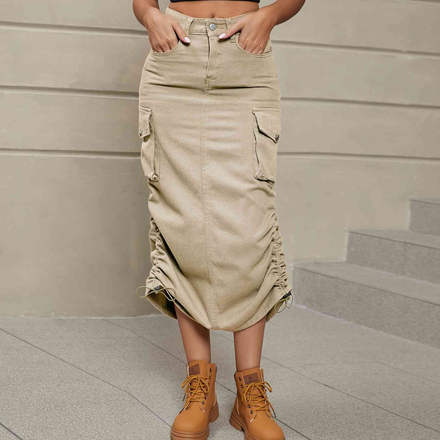 Ruch - Drawstring Ruched Slit Denim Midi Skirt (7500878020696)