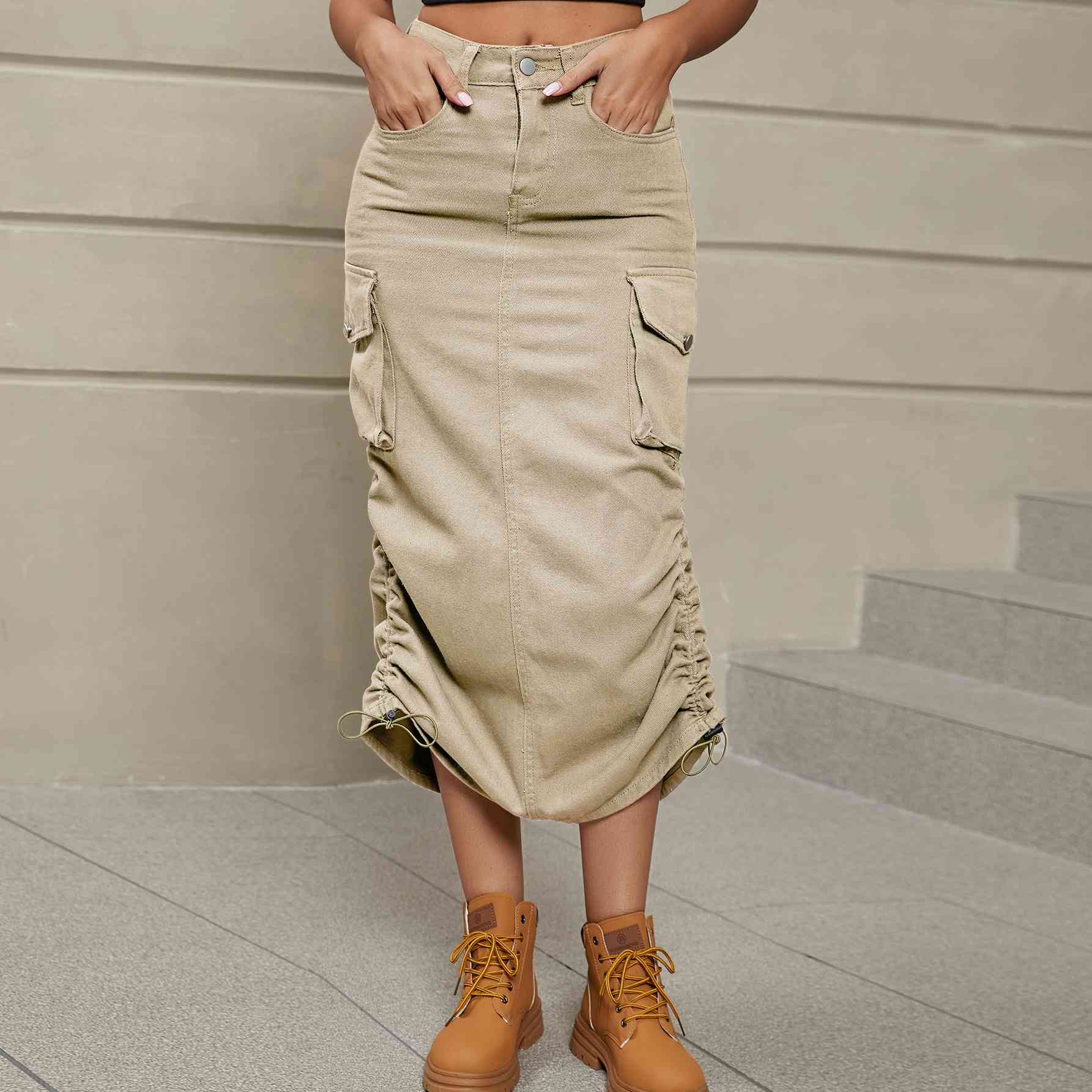 Ruch - Drawstring Ruched Slit Denim Midi Skirt (7500878020696)