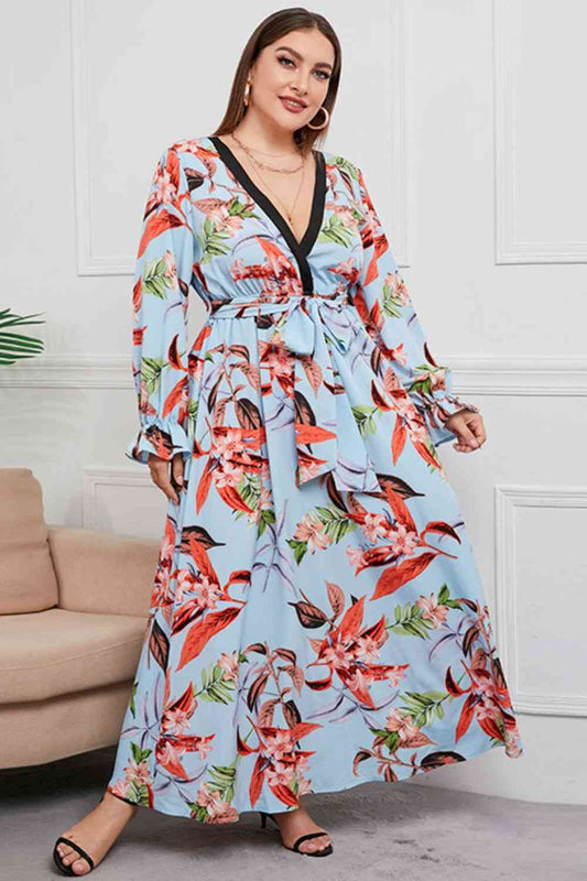 Plus-Size Belted Surplice Flounce Sleeve Maxi Dress (7515560149080)