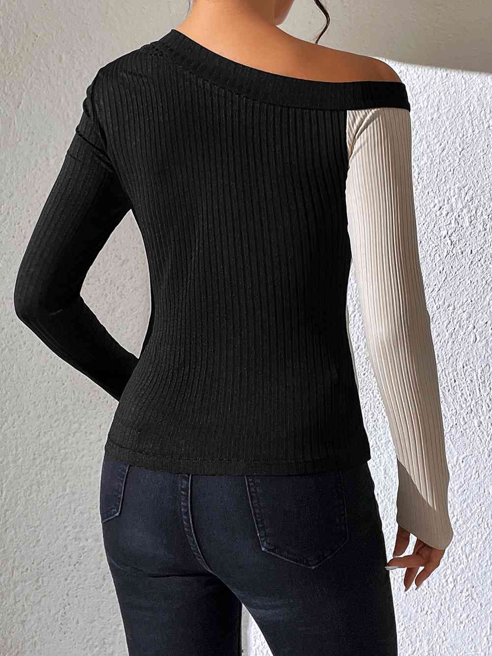 Blouse Cute - Asymmetrical One Shoulder Contrast Color Buttoned Blouse (7501316096088)