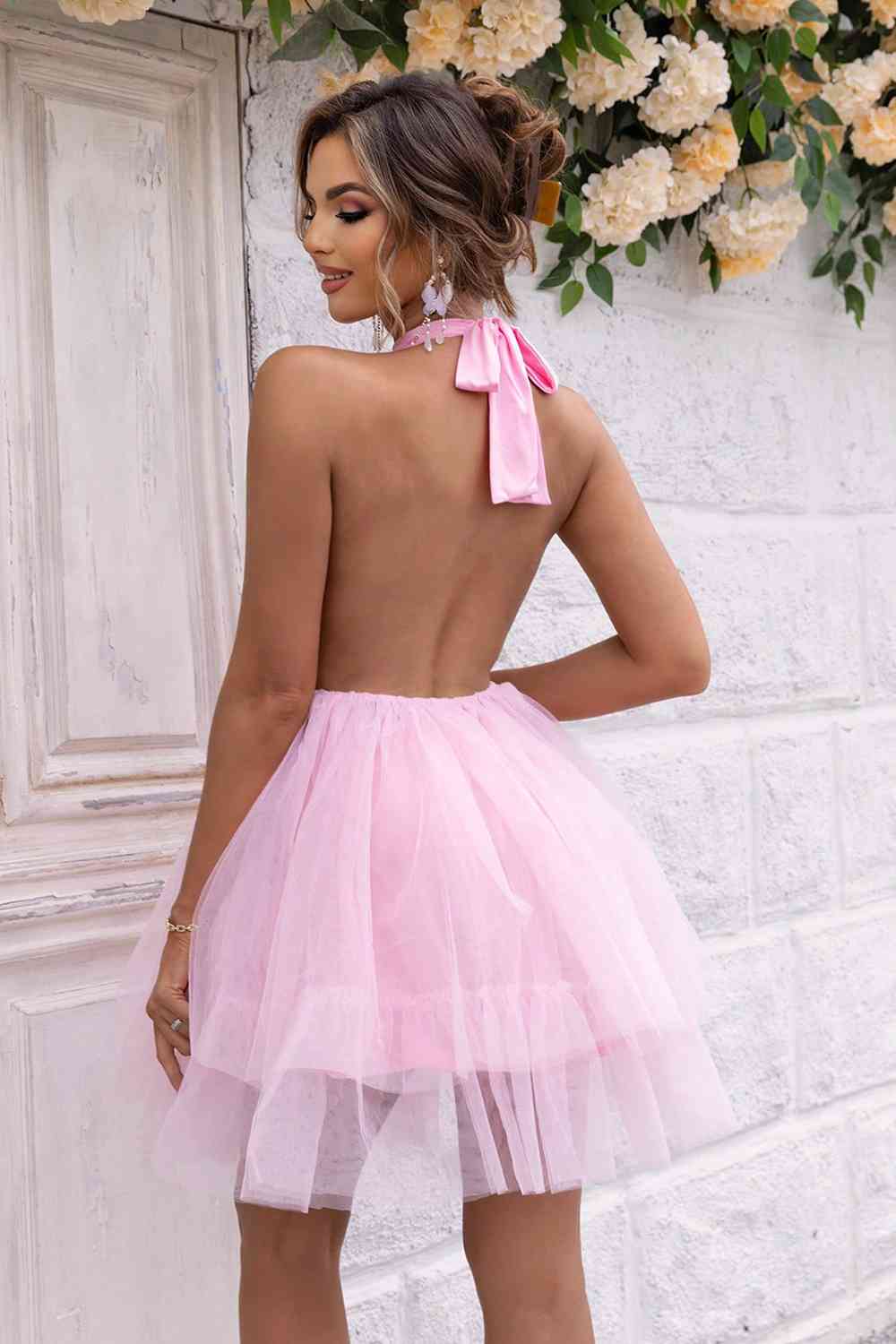 Mini-Bow - Halter Neck Backless Mesh Dress (7515676672088)