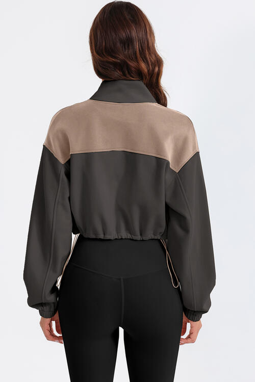 With Drawstrings - Contrast Drawstring Zip-Up Jacket (7484295970904)