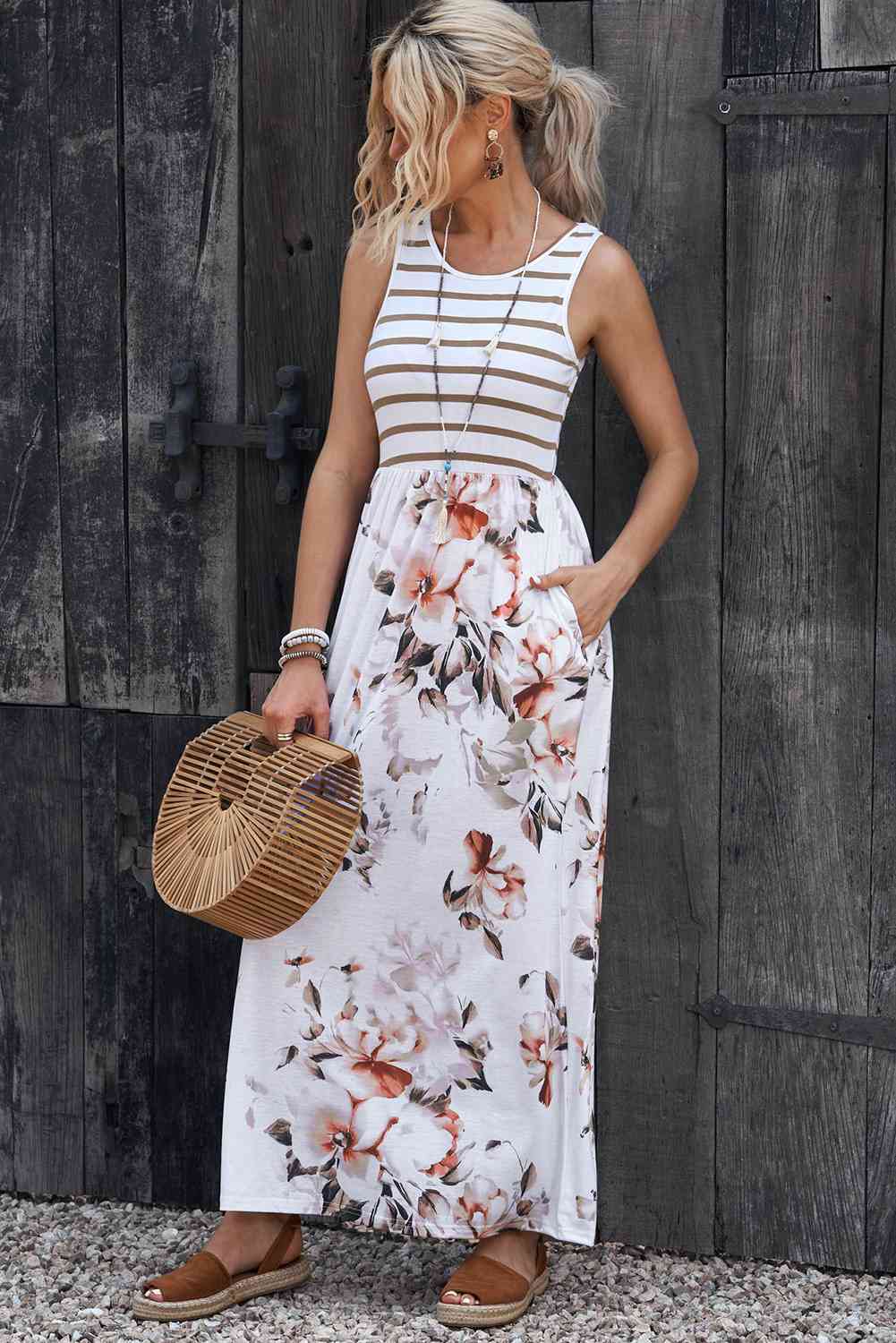 Striped Floral Round Neck -  Sleeveless Maxi Dress (7515559198808)