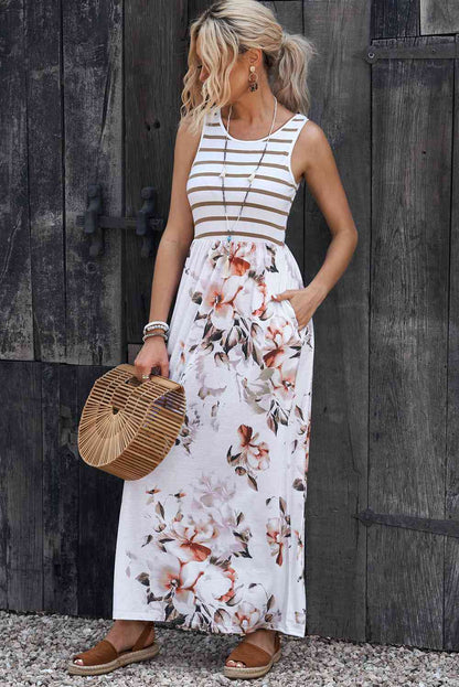 Striped Floral Round Neck -  Sleeveless Maxi Dress (7515559198808)