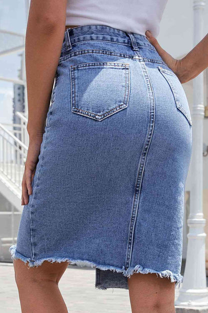 Denim Skirt - Buttoned Slit Denim Skirt (7486619189336)