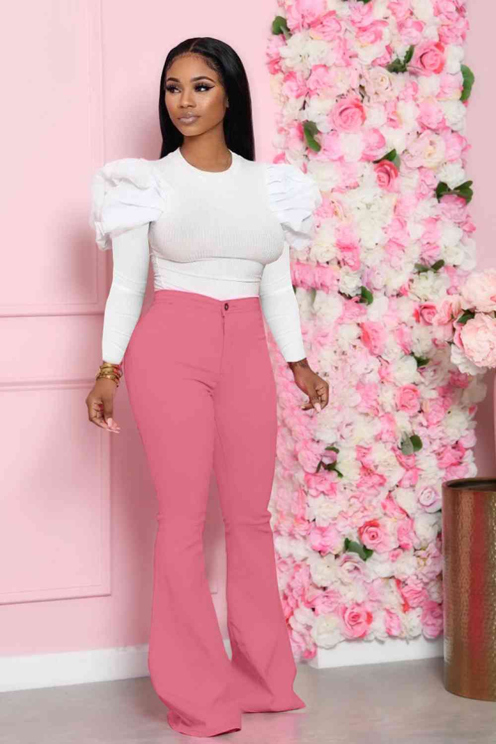 Leg-Of-Mutton - Sleeve Top and Flare Pants Set (7484247179352)