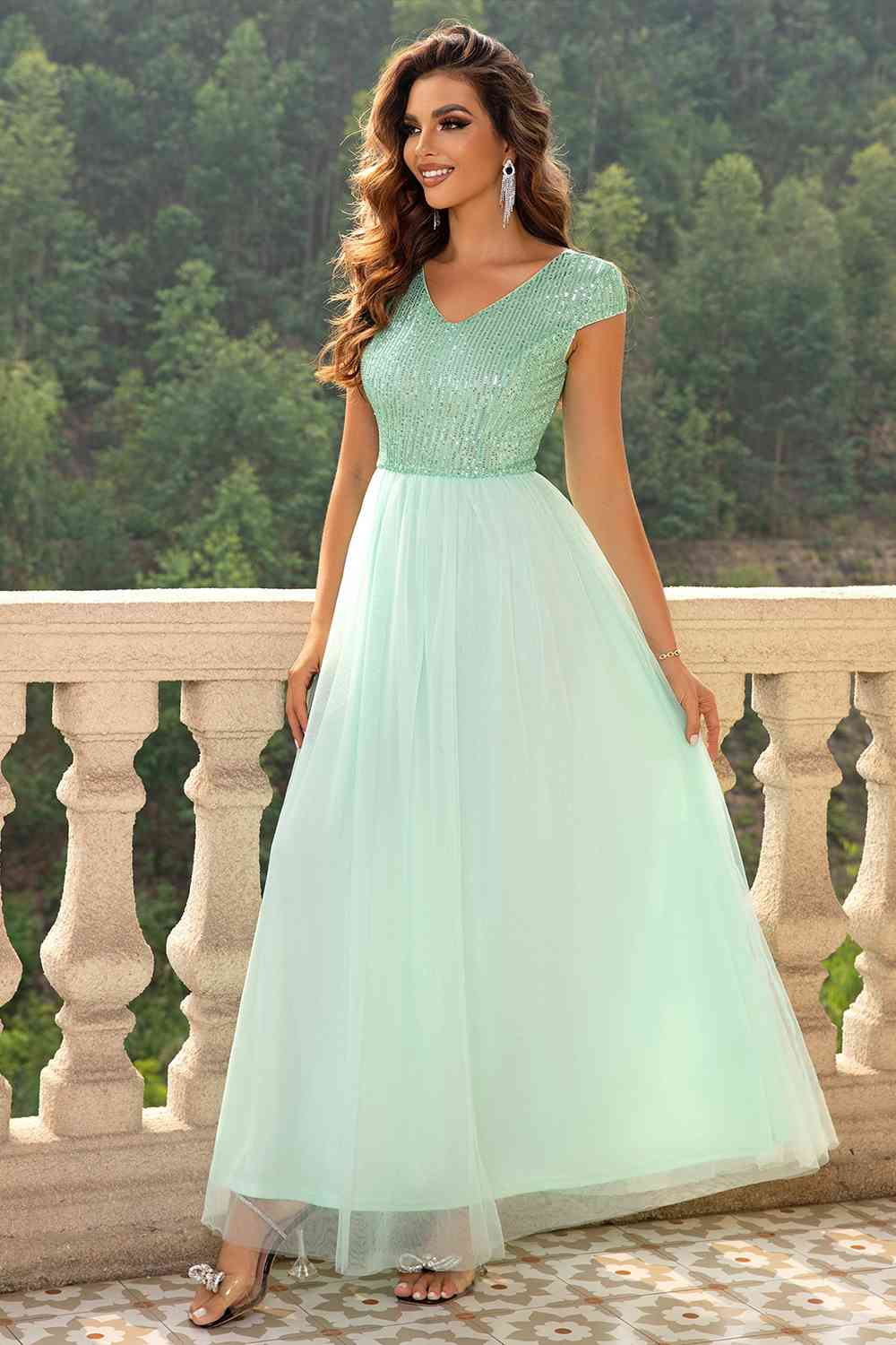 Sequin V-Neck Mesh Maxi Dress (7515520761944)