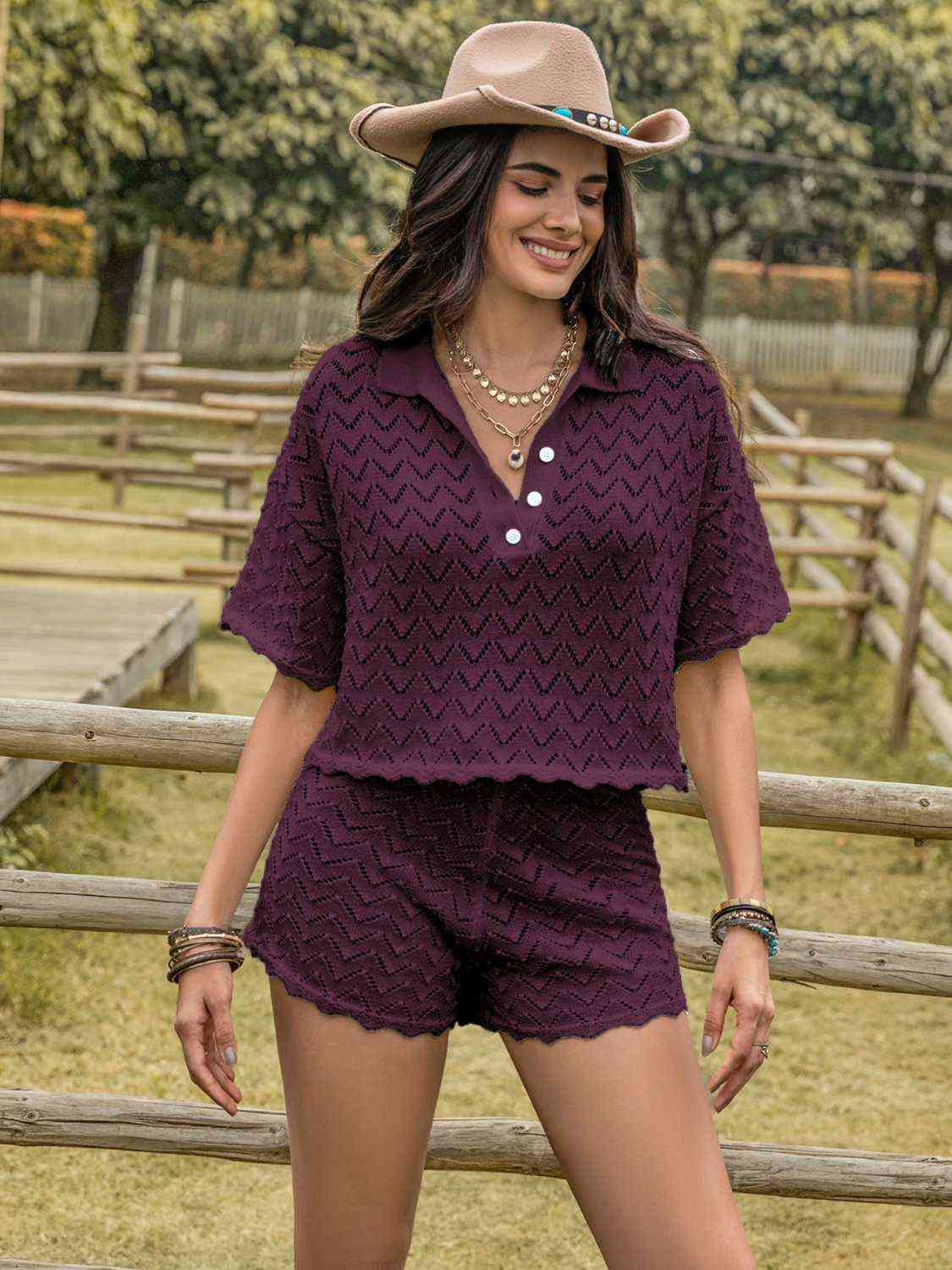 Eyelet - Collared Neck Short Sleeve Top and Shorts Set (7484220899416)