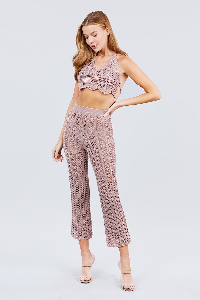 Fishnet Sweater Pants - Tan Pink