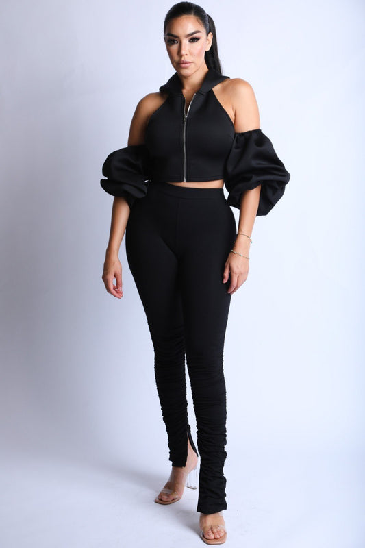Fluffy Sleeves Hoodie Set - Black