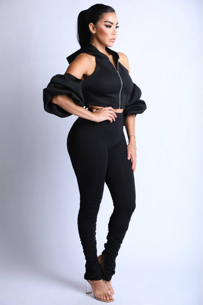 Fluffy Sleeves Hoodie Set - Black
