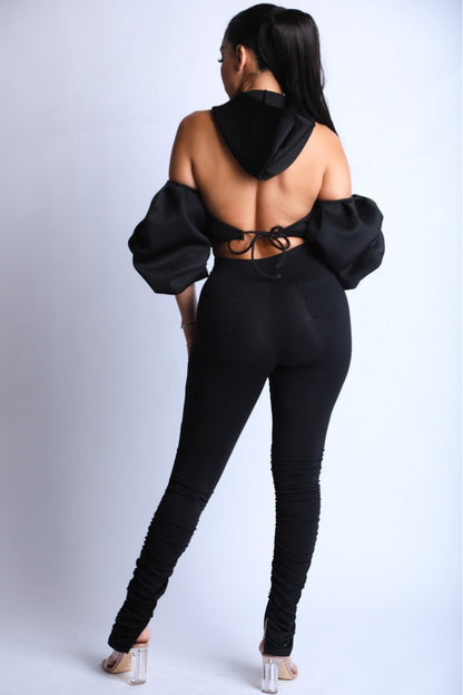 Fluffy Sleeves Hoodie Set - Black