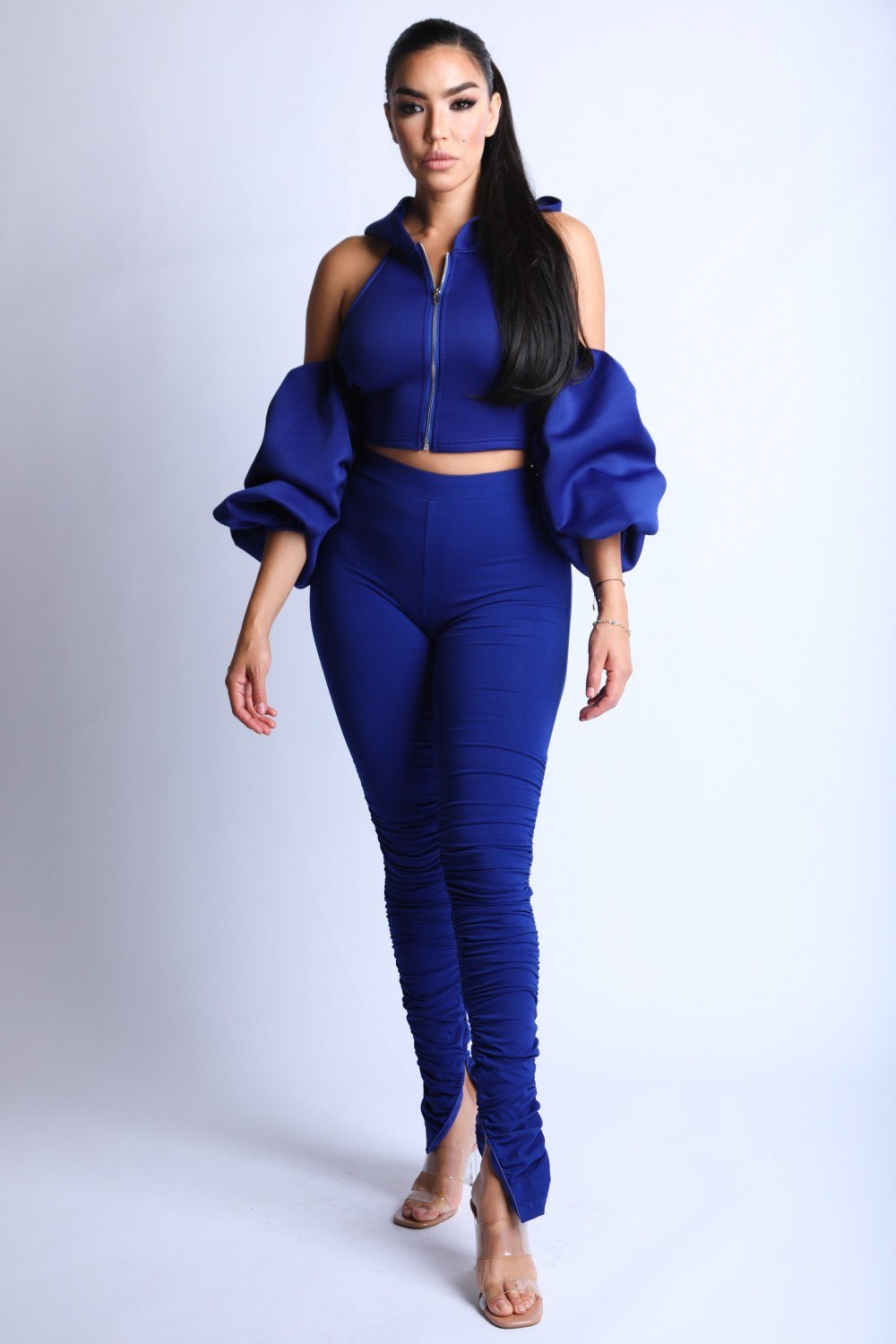 Fluffy Sleeves Hoodie Set - Dark Blue