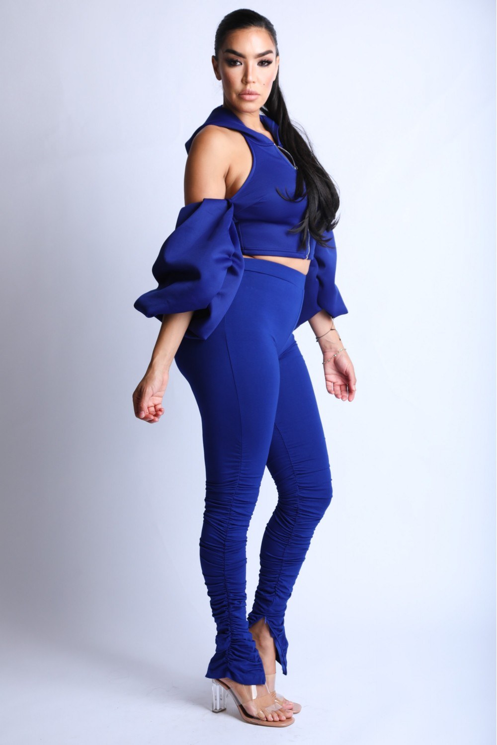 Fluffy Sleeves Hoodie Set - Dark Blue