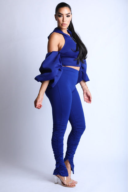 Fluffy Sleeves Hoodie Set - Dark Blue