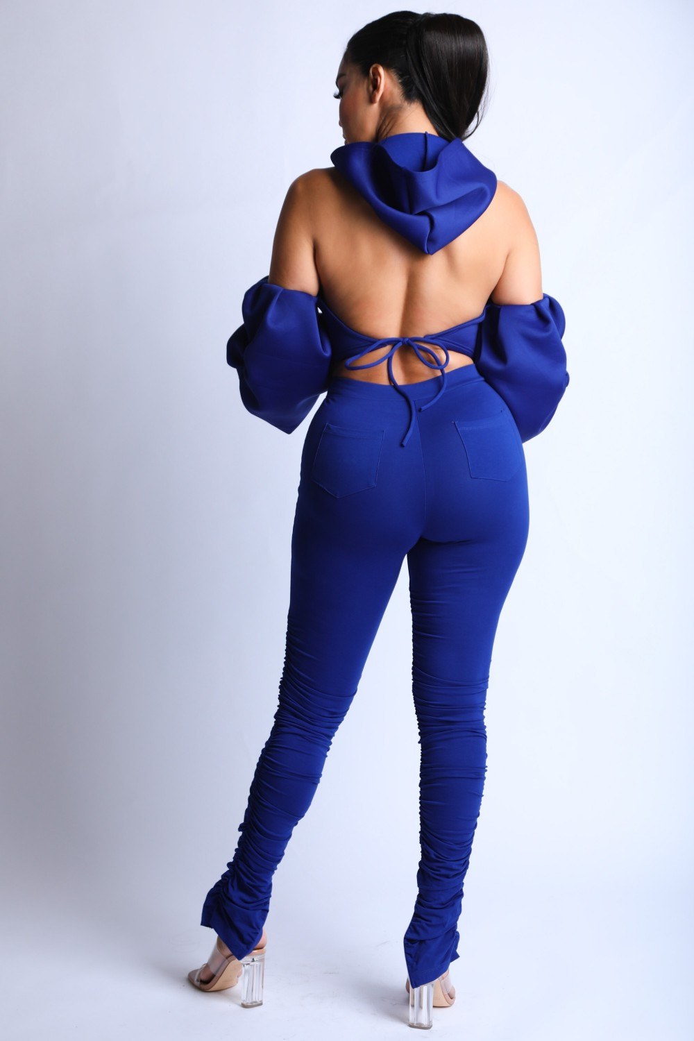 Fluffy Sleeves Hoodie Set - Dark Blue