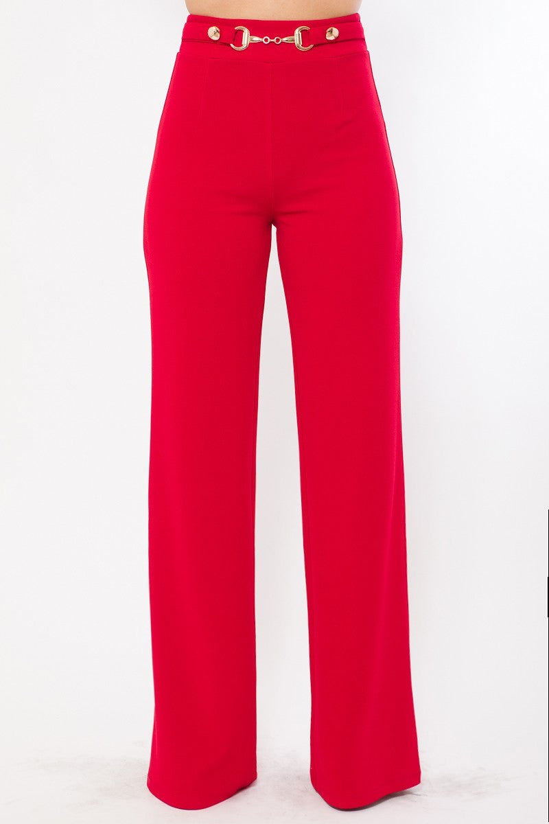 Waist Button & Buckle-Detailed Fashion Pants - Red