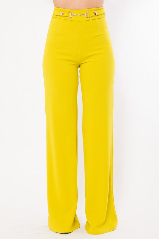 Waist Button & Buckle-Detailed Fashion Pants - Yellow-Green