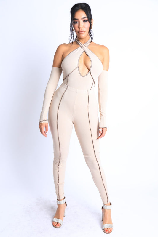 Overlock Detailed Cross-Halter Keyhole Neck Off-Shoulder Set